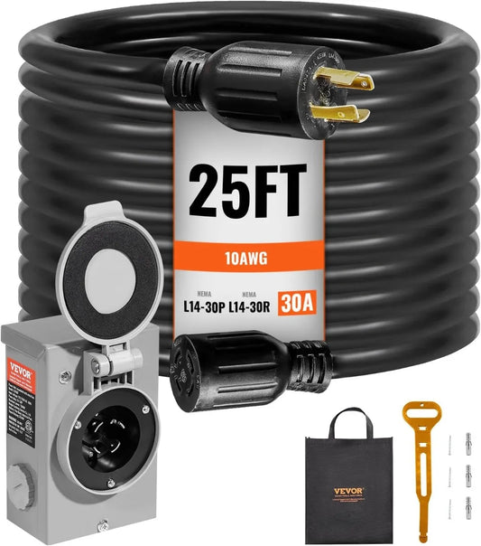 30 Amp Generator Cord & Inlet Box Kit, 25 FT Extension NEMA L14-30P/L14-30R STW 10 AWG Twist Lock