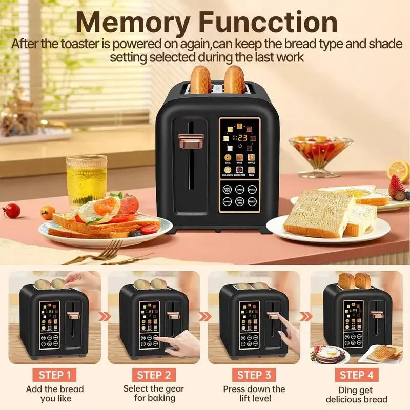 Toaster 2 Slice, Stainless Toaster LCD Display & Touch Button, 50% Faster Speed, 1.4'' Wide Slots