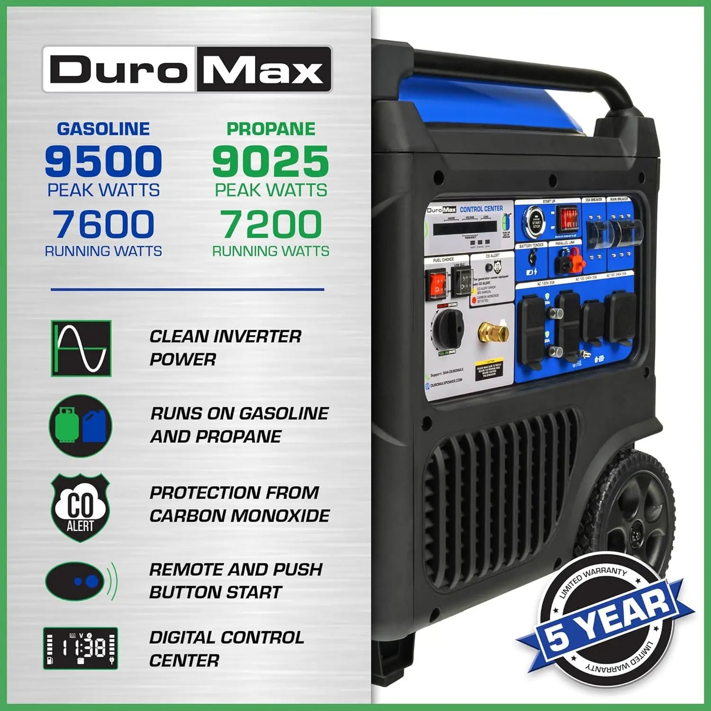 9500 Watt 459cc Dual Fuel Digital Inverter Hybrid Portable Generator /Transfer Ready/Remote Start