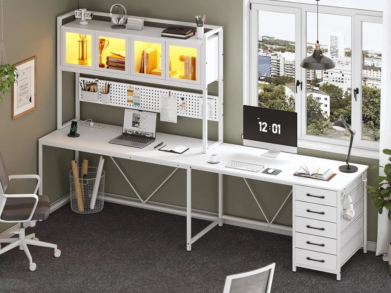 SEDETA L Shaped Gaming Desk with Drawers, L Shaped Computer Desk with Hutch and Storage Shelves