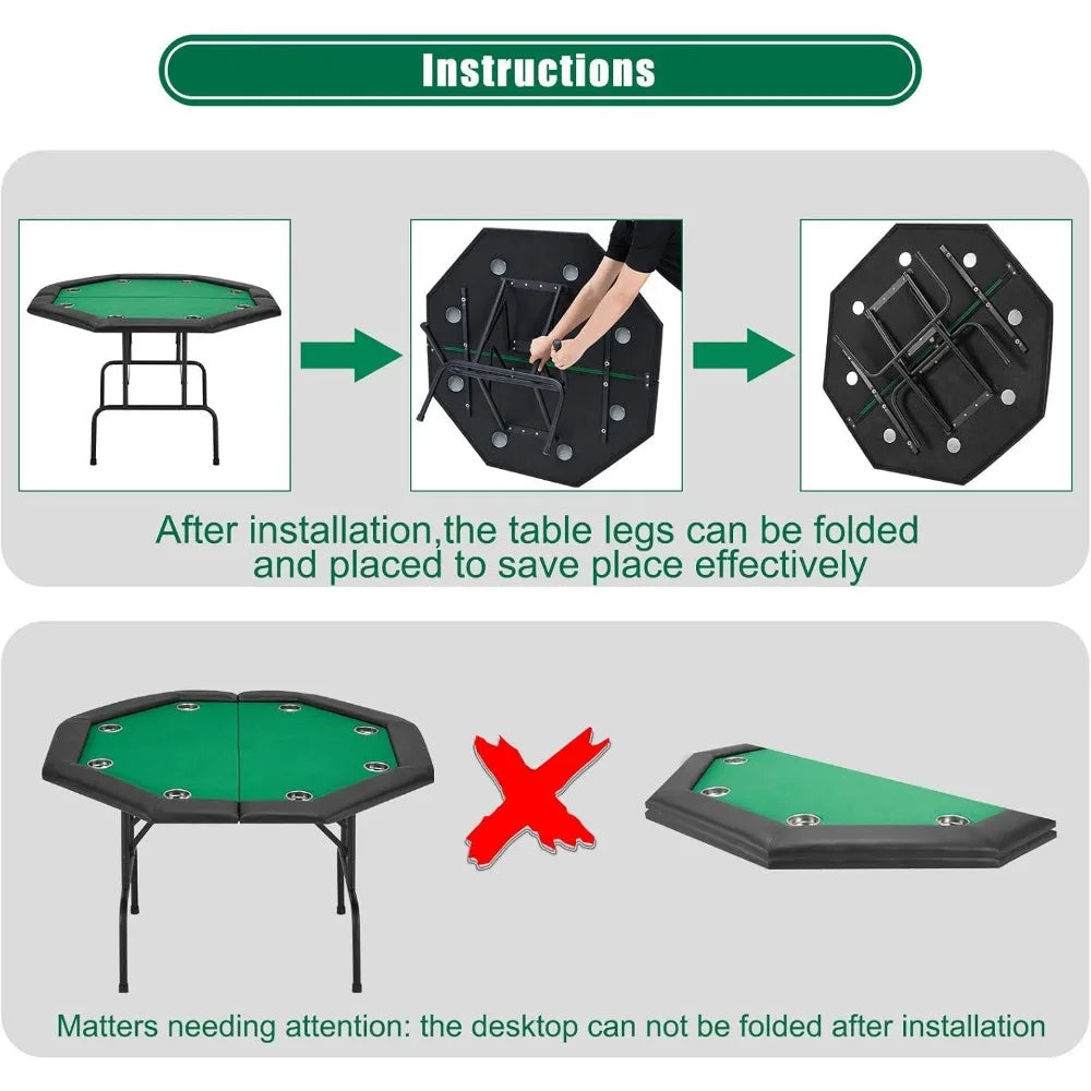 Game Poker Table w/Stainless Steel Cup Holder for 8 Player with Green Felt