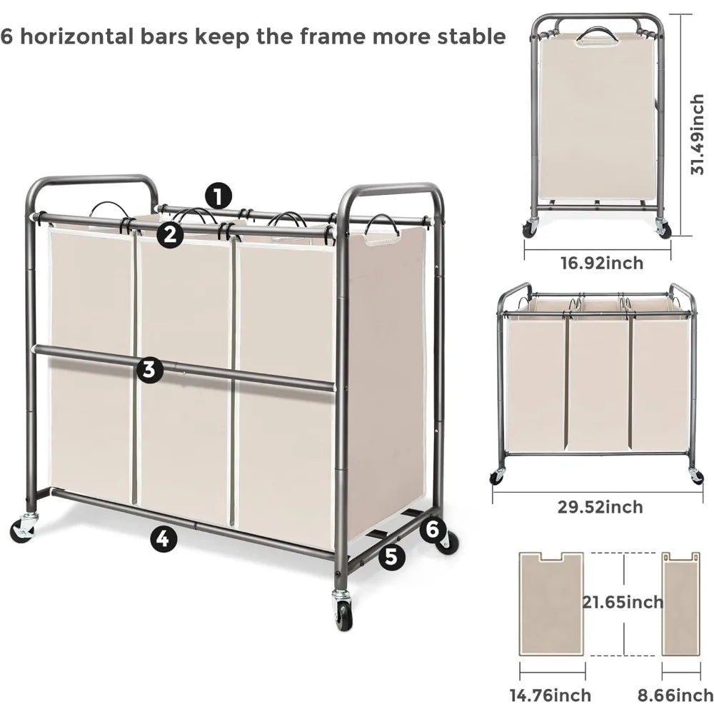 STORAGEMANIAC 3 Section Laundry Sorter, 3 Bag Laundry Hamper Cart w/Heavy Duty Rolling Wheels