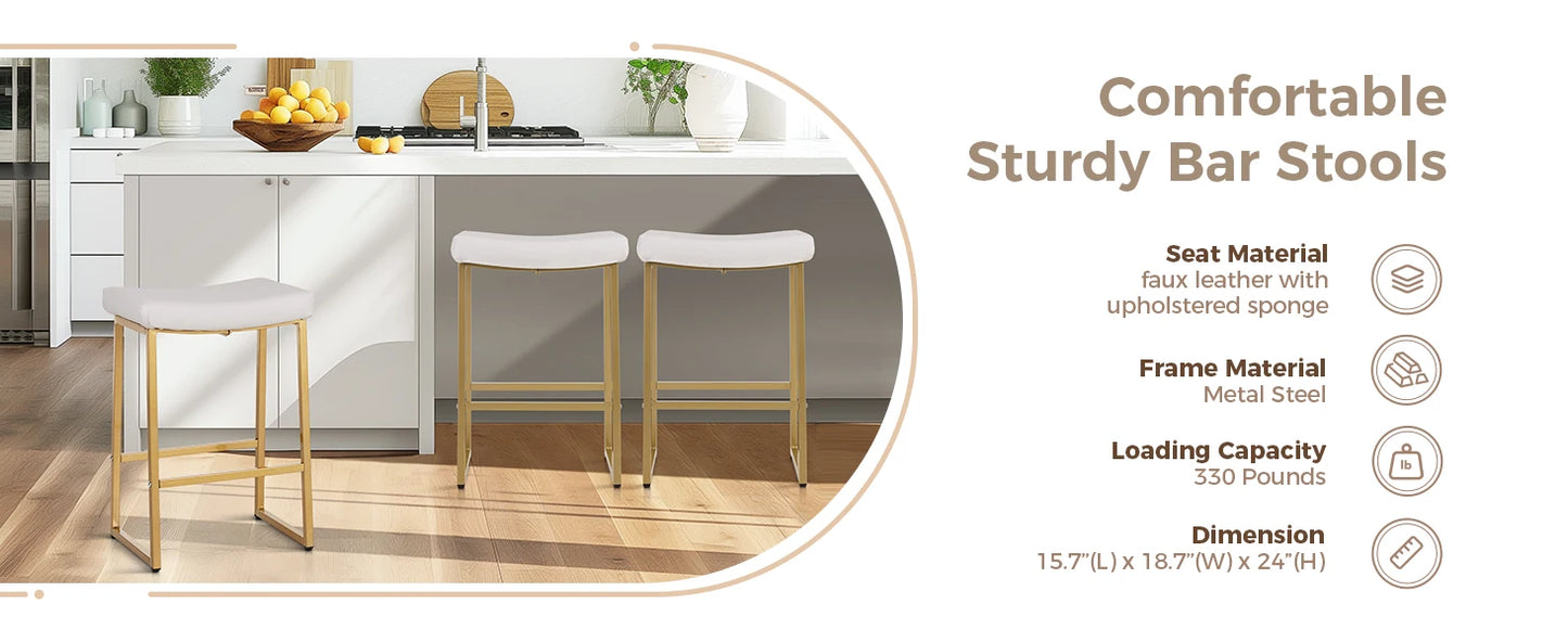 4 Bar Stools, Counter Height 24 Inches Saddle Stools for Kitchen Counter Backless Gold Barstool