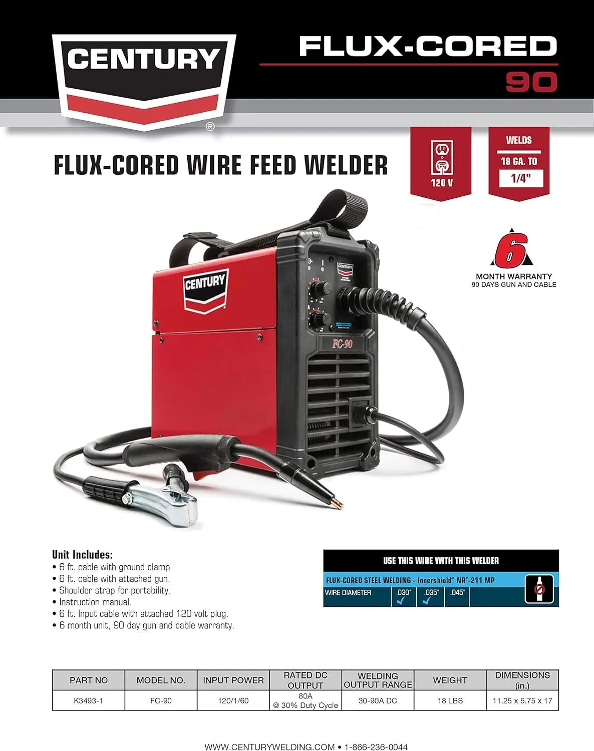 FC90 Flux Core Wire Feed Welder and Gun, 90 Amp, 120V, Inverter Power Source for Easy Operation