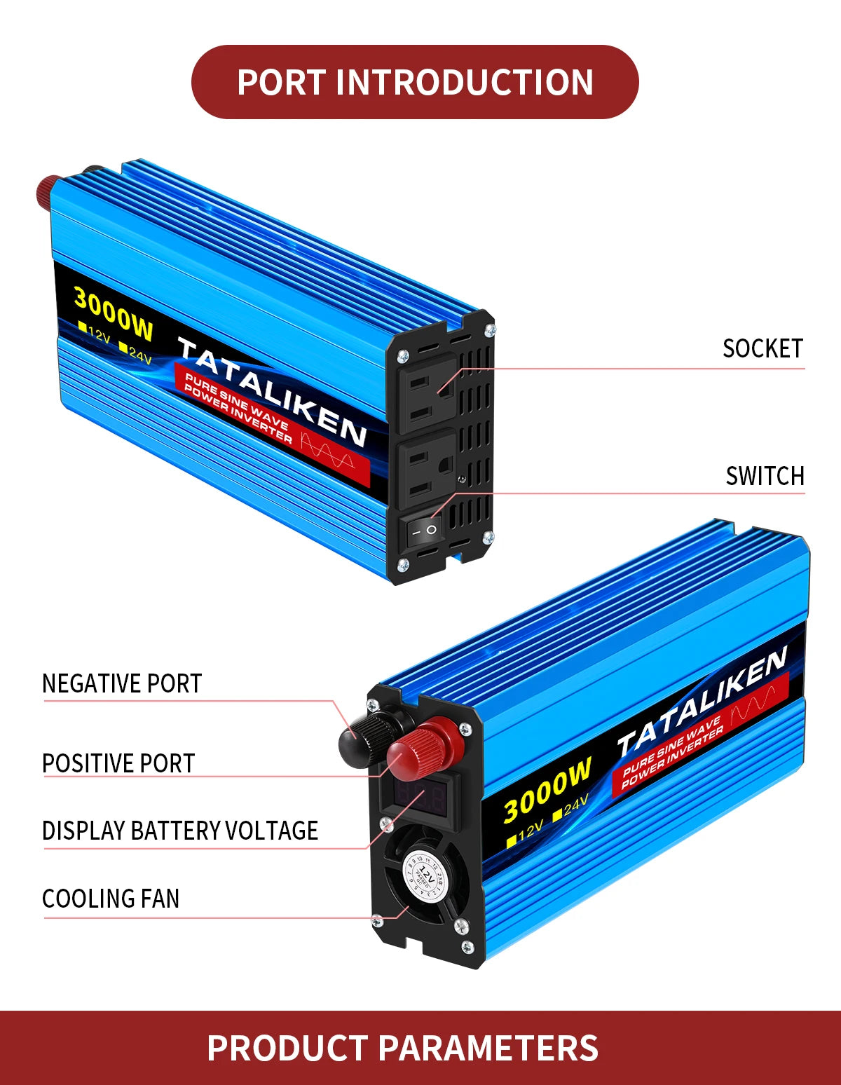 Power Inverter 10000W DC12V to AC110V 60HZ Pure Sine Wave Inverter w/LCD Display Remote 4AC Outlets