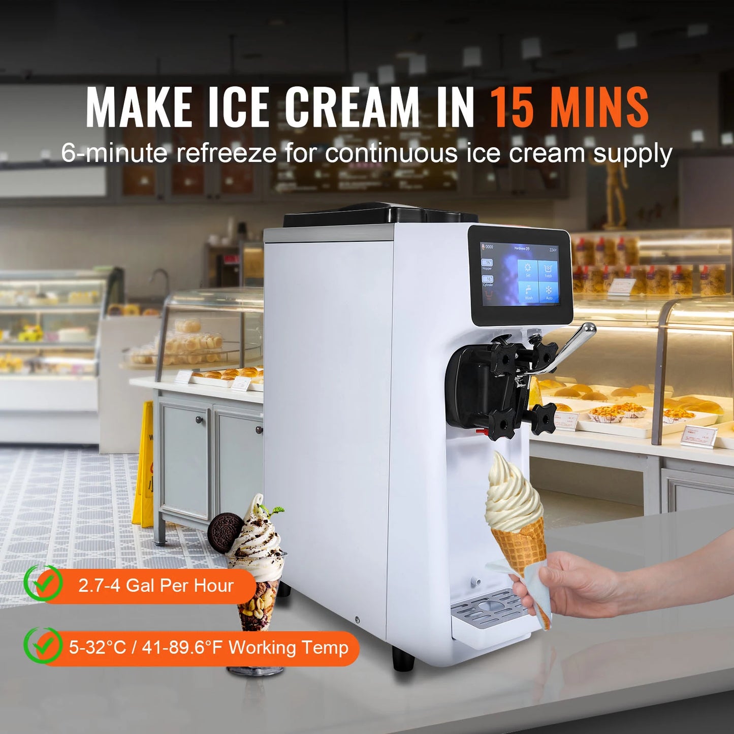 SucceBuy 4L Commercial Ice Cream Single x2 Flavor Countertop Soft Serve Touch Screen Auto Clean