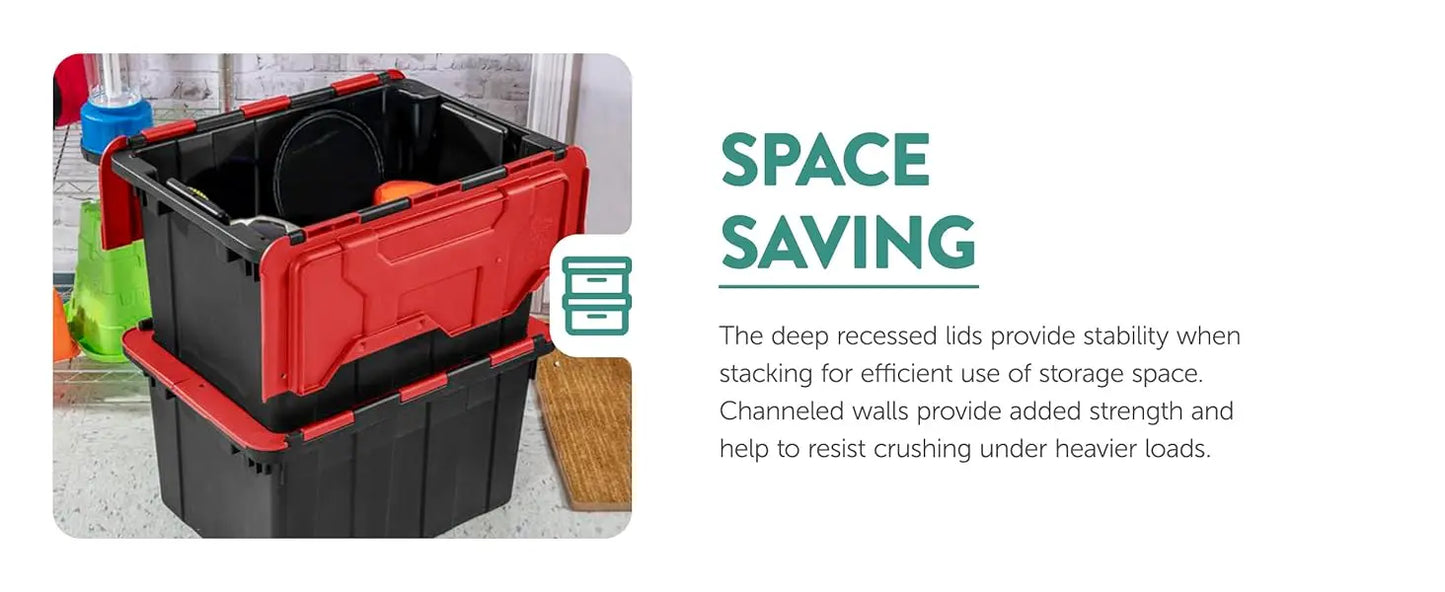 6 Pack Hinged Lid Industrial Totes, 12 Gal Stackable Storage Bins, Black/Red Lid
