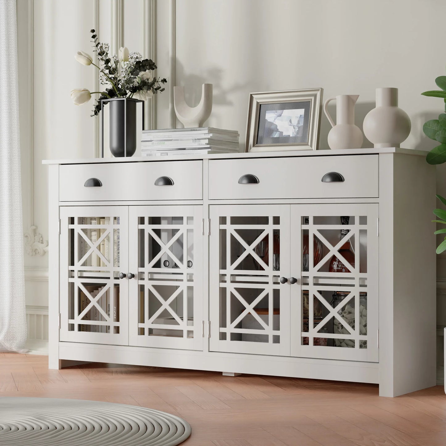 Modern Buffet Cabinet w/Drawers, Wood Sideboard Buffet Cabinet w/4 Acrylic Glass Doors