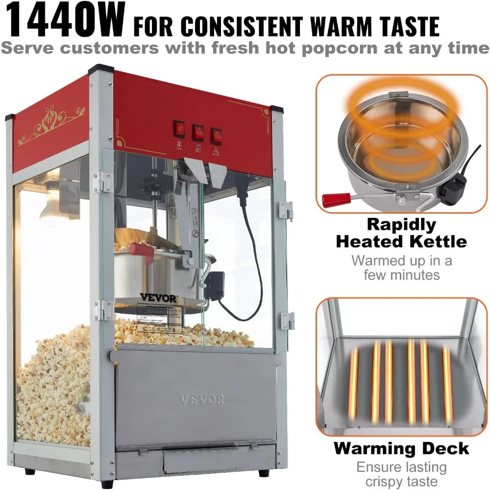 Commercial Popcorn Machine, 12 Oz Kettle, 1440 W Countertop Popcorn Maker for 80 Cups per Batch, Red