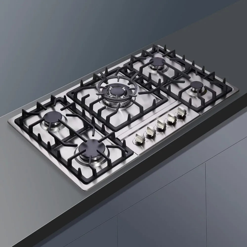 34 Inch Cooktop Stainless Steel Built-in 5 Burners Stovetop LPG/NG Convertible Gas Stove Top Dual Fuel