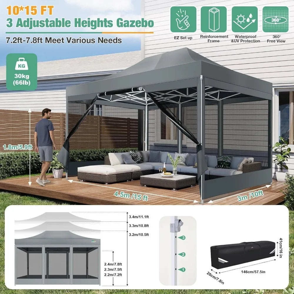 Canopy Tent 10x15 Heavy-Duty, Pop-Up Gazebo with Mosquito Netting, Waterproof Canopy with Sidewalls