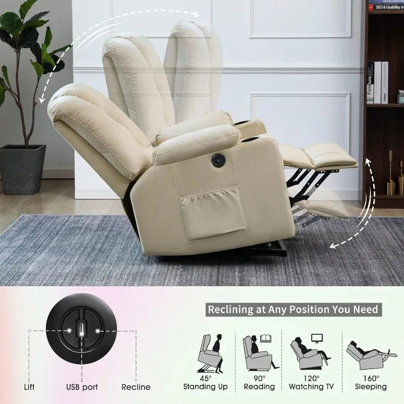 Power Lift Recliner Chair for Elderly, Plush Fabric Electric Recliner w/Heated & Vibration Massage