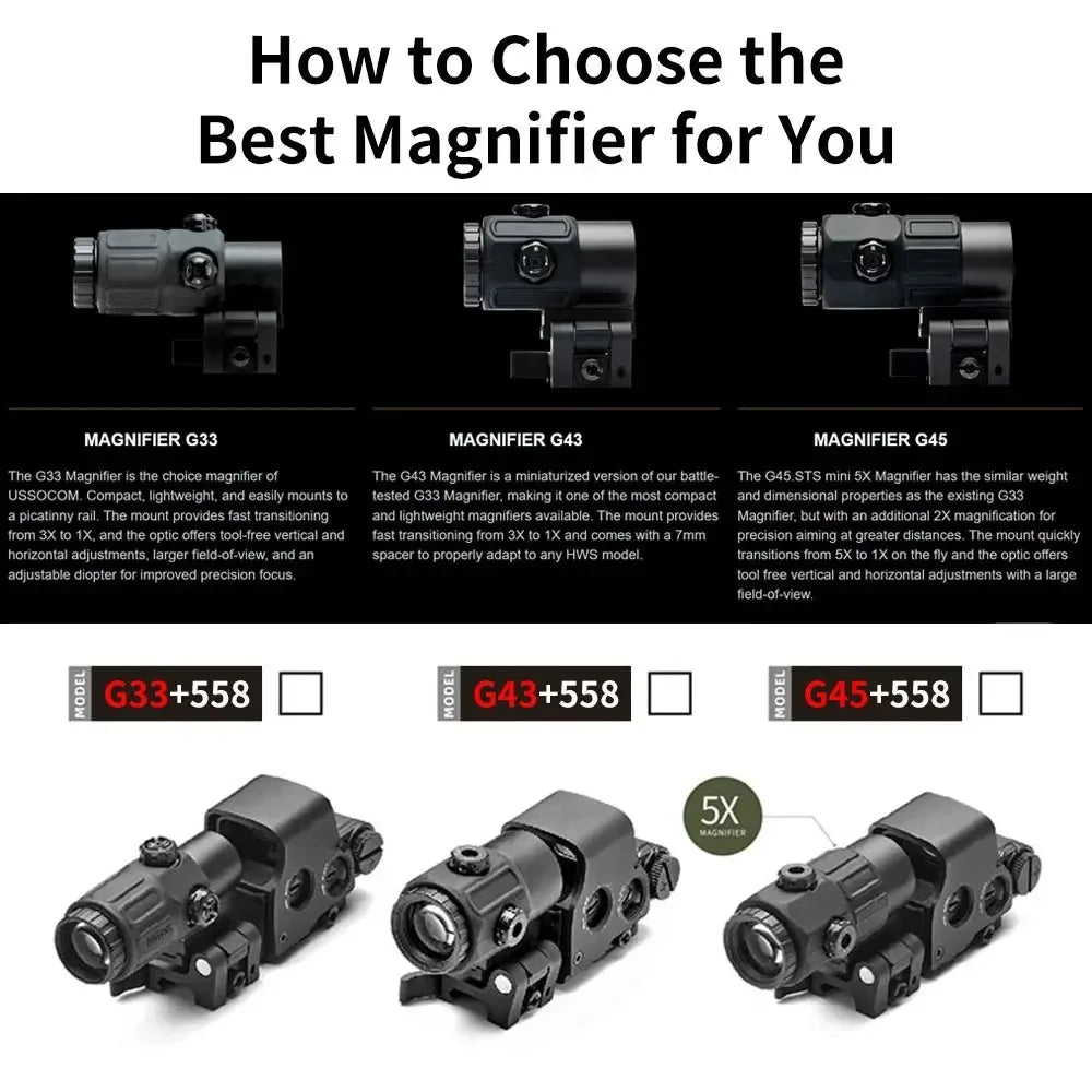 558+G43 Holographic Collimator Sight 558+G33/G45 Red Dot Optic Sight Tactical Hunting Gear W/20mm