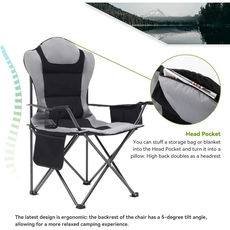 Outdoor Folding Camping Chairs w/ Cup Holder, Cooler Bag, Supports up to 300lbs (2 Pcs, Black)