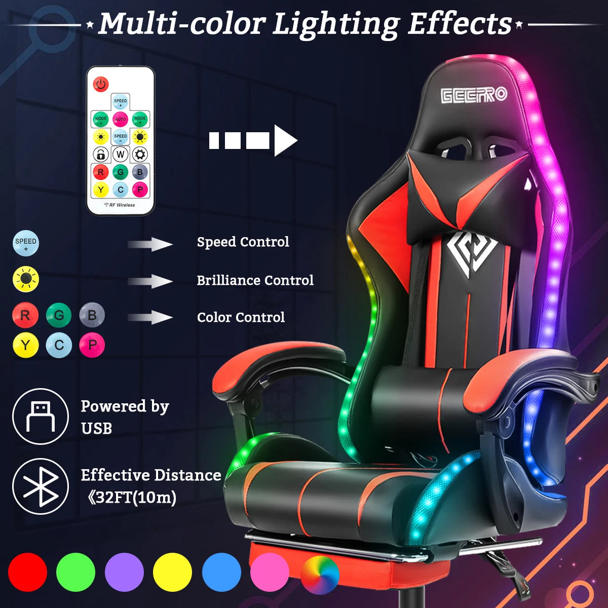 RGB Light Gaming/Computer/Office Chair 135 Degrees Swivel 2 Point Massage Recliner Bluetooth Speaker