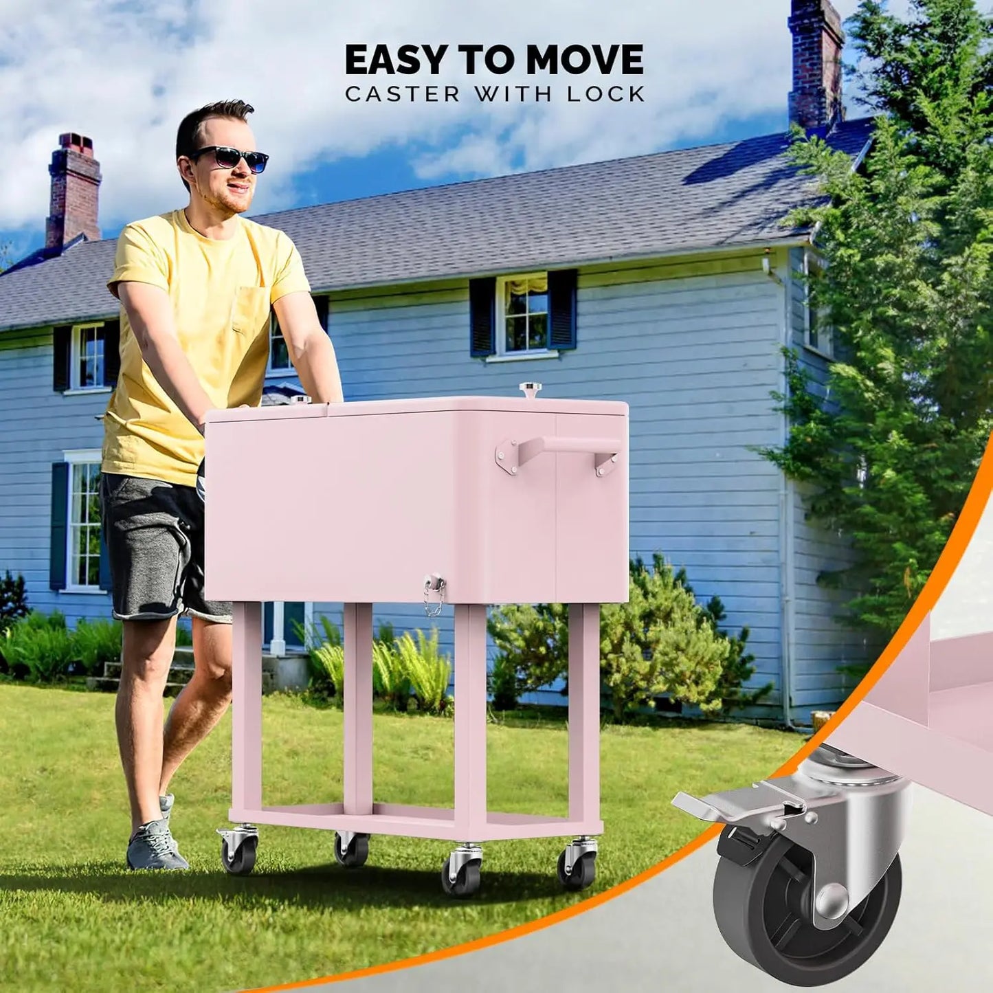 VINGLI 80 Quart Rolling Ice Chest, Portable Patio Party Bar Drink Cooler Cart,w/Shelf, Bottle Opener