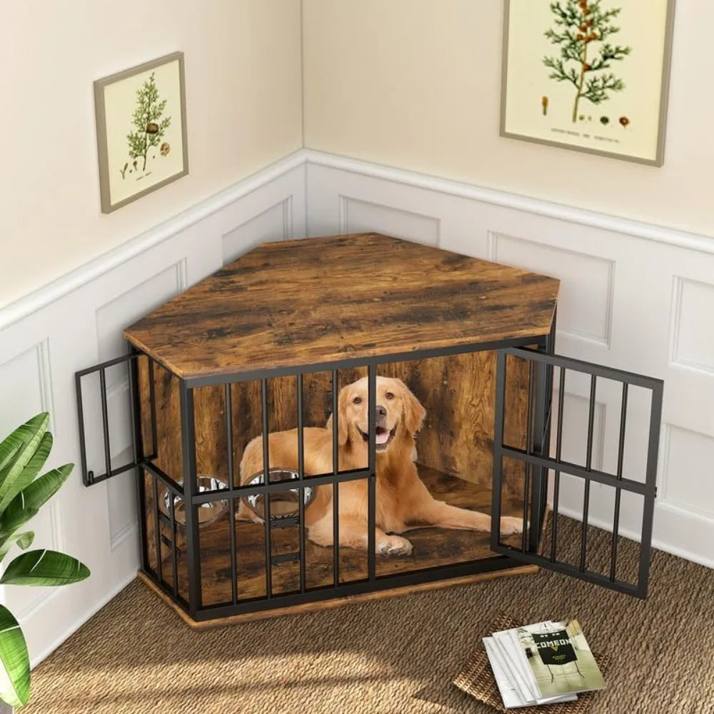 ROOMTEC 42 inch Furniture Dog Crate Corner Wooden End Table with Bowl, Side Table