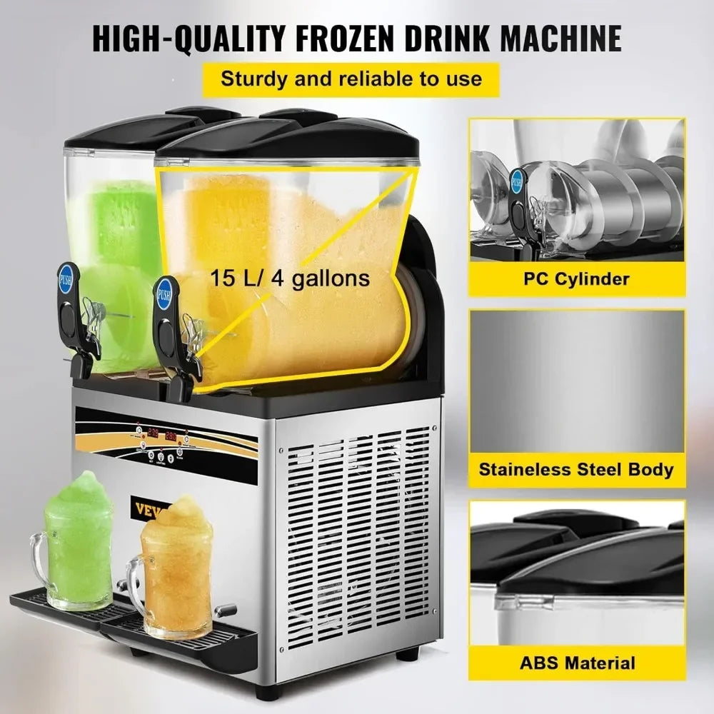 VEVOR Slushy Machine, 15Lx2 Tank Margarita Maker, 1000W Stainless Steel Smoothie Frozen Drink Maker