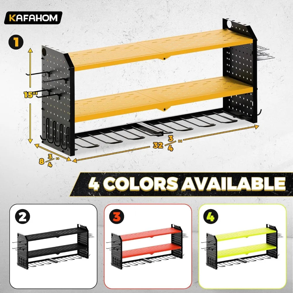 Power Tool Organizer,Large 8 Drill Holder Wall Mount with 2 Side Pegboards,Metal Tool Shelf/12 Hooks