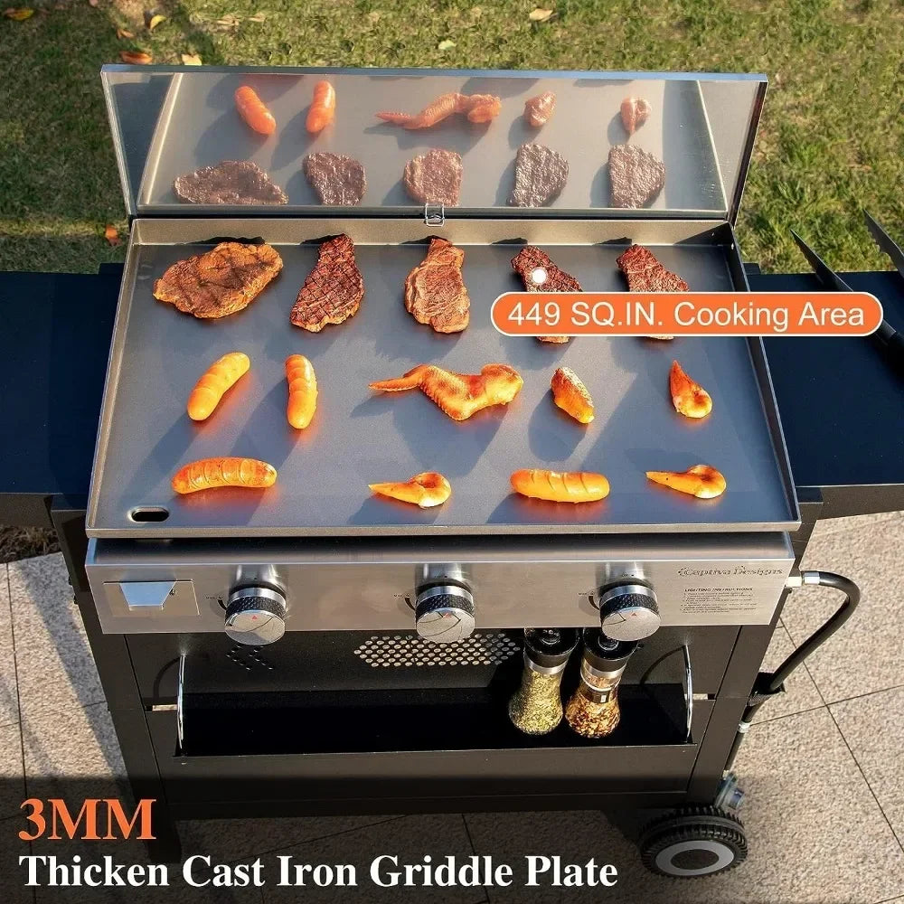 BBQ Grill Flat Top Gas Griddle Grills With Lid 3-Burner Propane BBQ Grills Outdoor Cooking Station