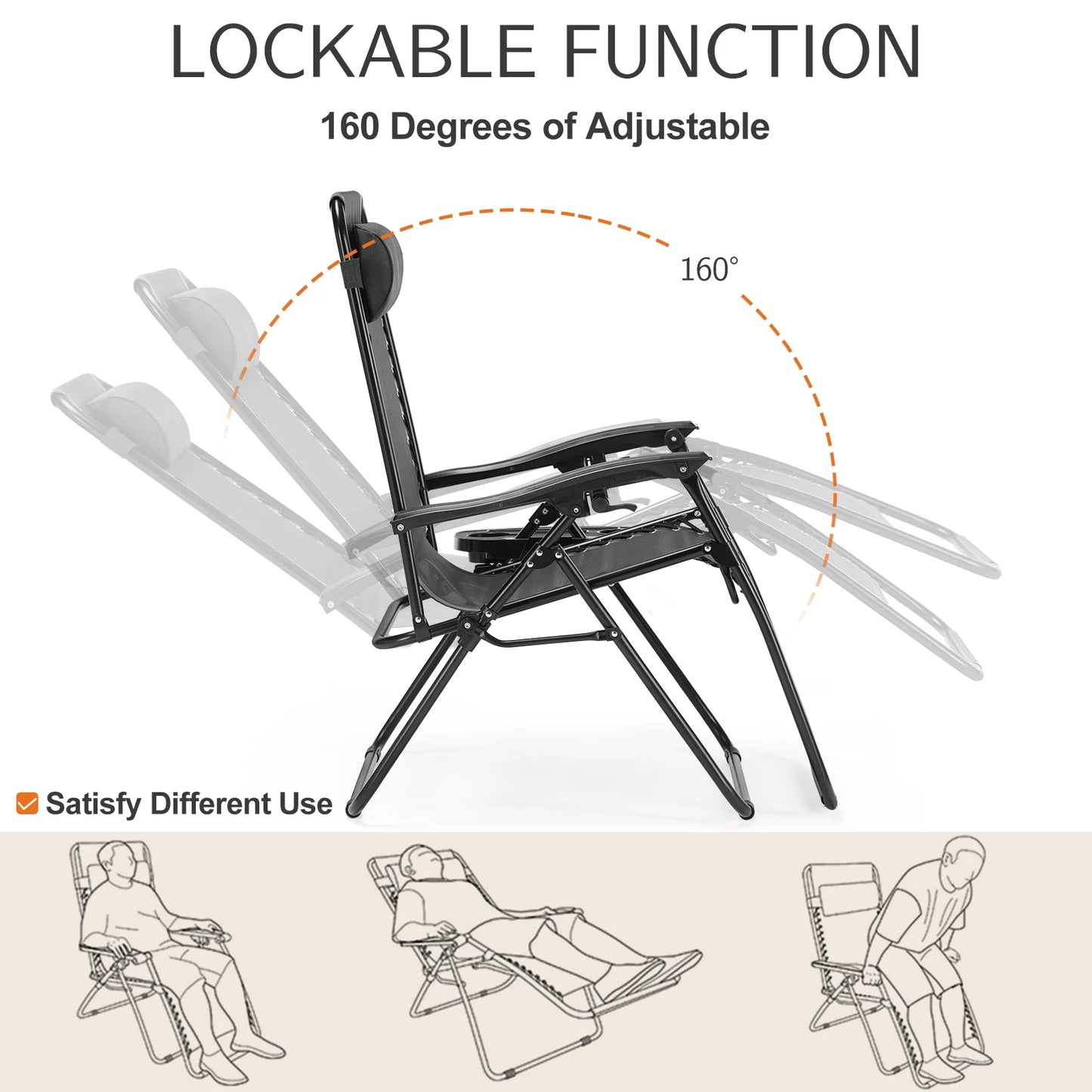 JHK Zero Gravity Set of 2 Portable Recliner/ Chair with Cup Holder Trays Adjustable Pillow