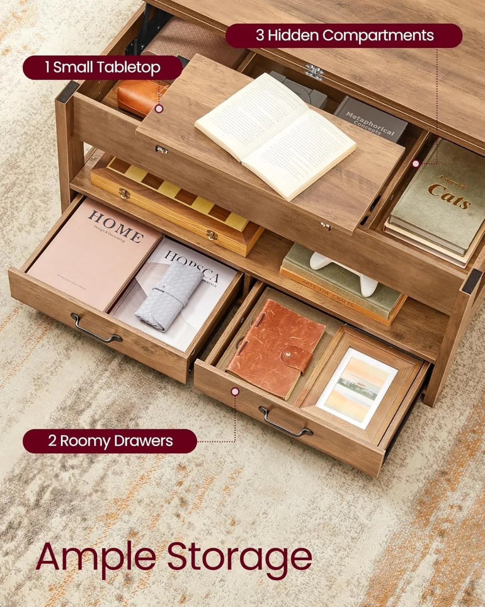 Lift Top Coffee Table with Storage, Gas Spring, Drawers & Hidden Compartments for Living Room