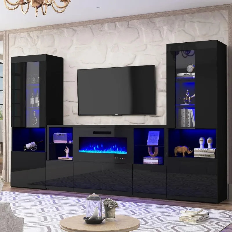 Modern High Gloss 68" Fireplace TV Stand, Entertainment Center & LED Lights for TVs up to 78"