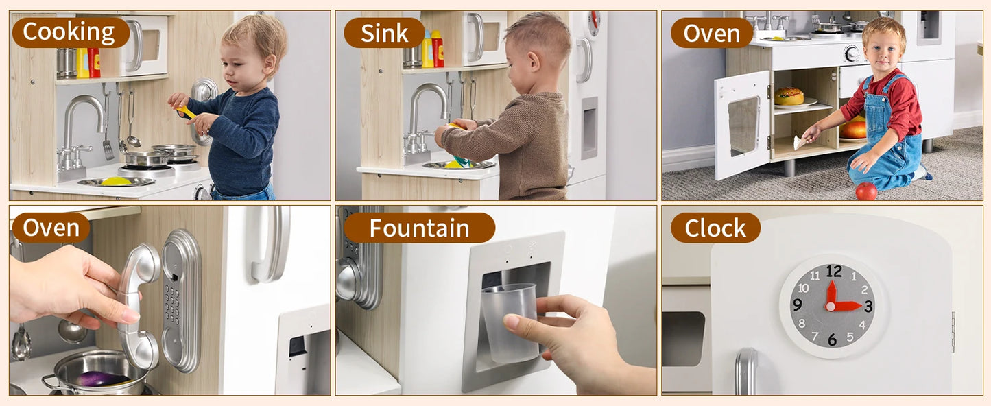 Kids Kitchen Playset, Preschool Cooking Kitchen, Toddler Wooden Pretend Play Toy w/Fridge, Stove