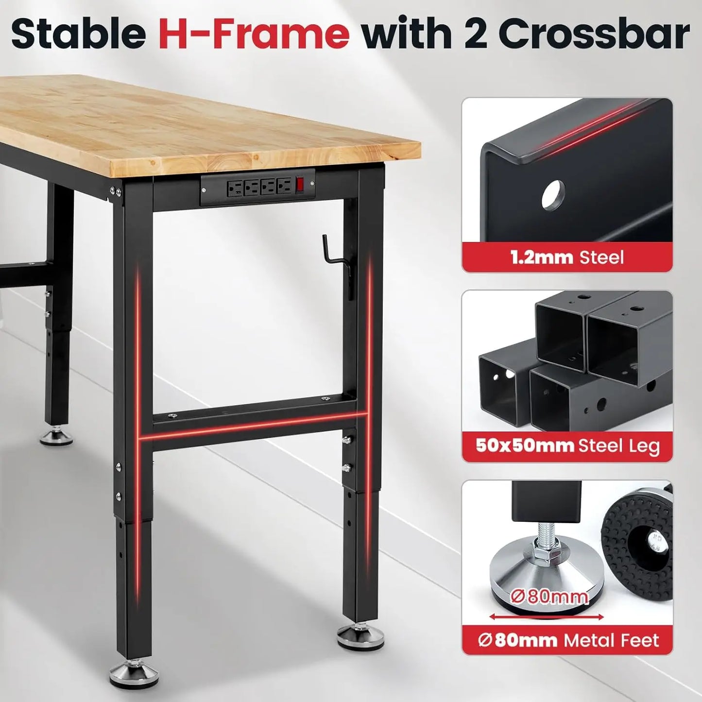 Workbench for Garage Adjustable Height Work Bench with Pegboard Power Outlets Rubber Wood Tabletop