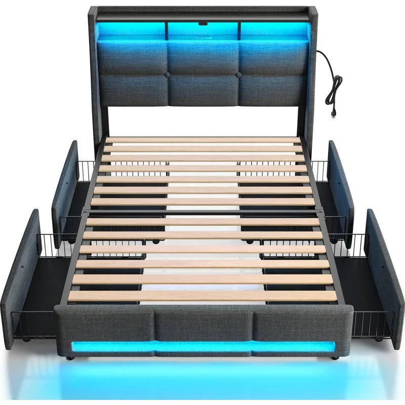 ROLANSTAR Bed Frame W/LED Lights & Charging Station, Upholstered Bed Storage Headboard & Heavy Duty