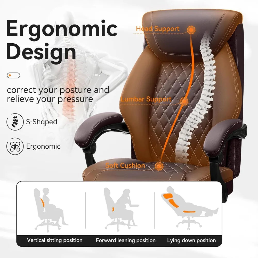 Office Chair, Executive Leather Chair Adjustable High Back, Lumbar Support, Big and Tall Office