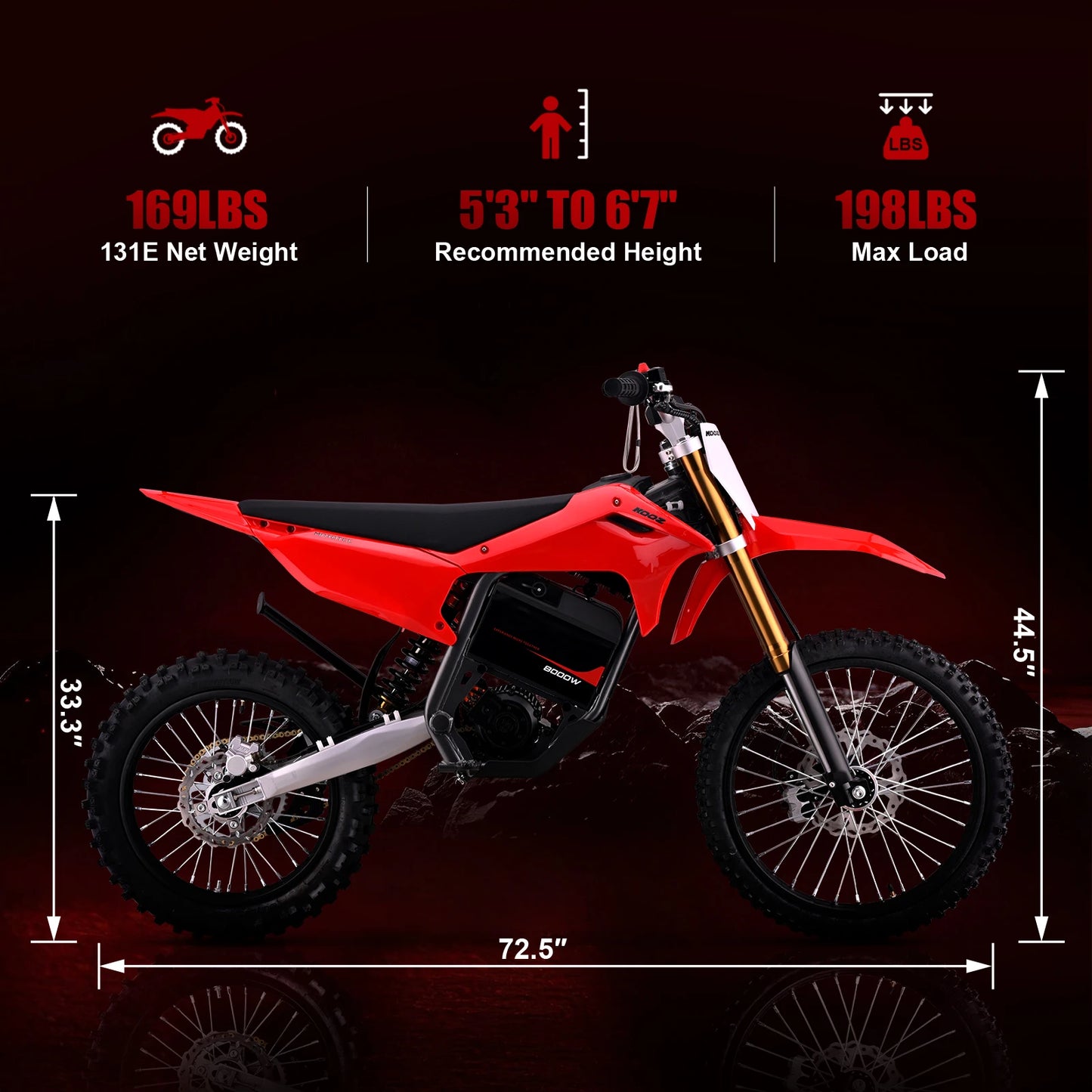 KOOZ HP131E-L 72V 8000W Pro Electric Dirt Bike 3 Speed Electric Motorcycle- 56 MPH w/19"/16" Tires.