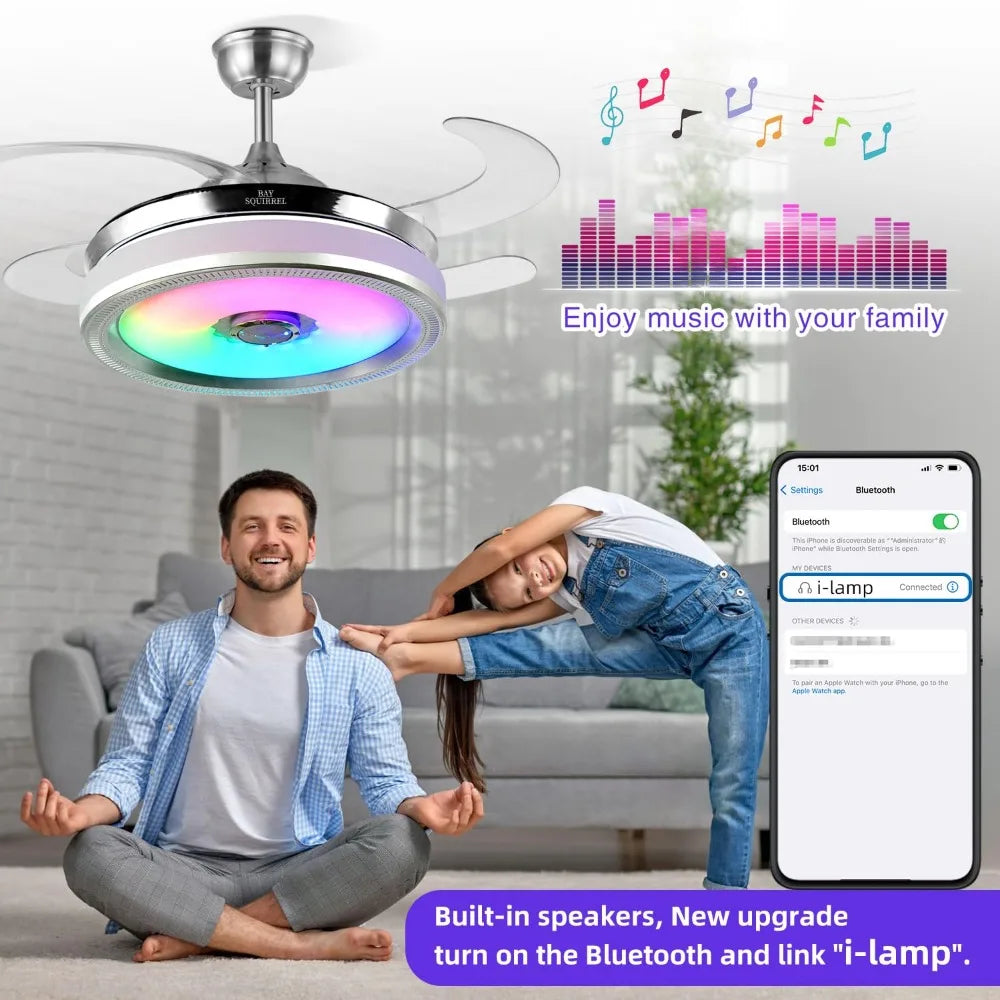 2024 Retractable Bluetooth Ceiling Fan w/Speaker, Retractable Fan w/ Light & Remote/APP Control