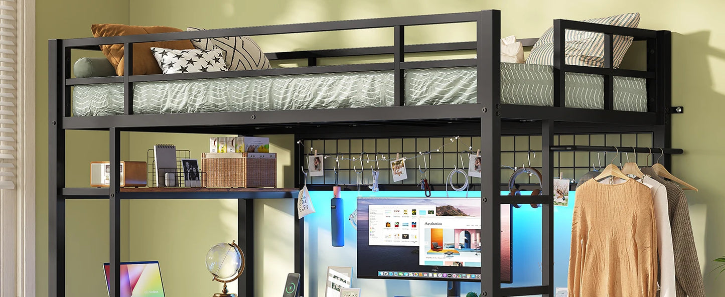 Loft Bed Twin Size, L-Shaped Desk Charging Station and LED Lights, 4-Tier Bookshelf and 3 Drawers