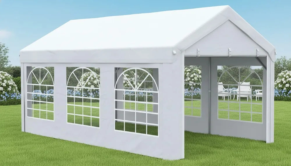 Heavy Duty Party Tent & Carport w/Removable Sidewalls, Double Doors, BBQ, White