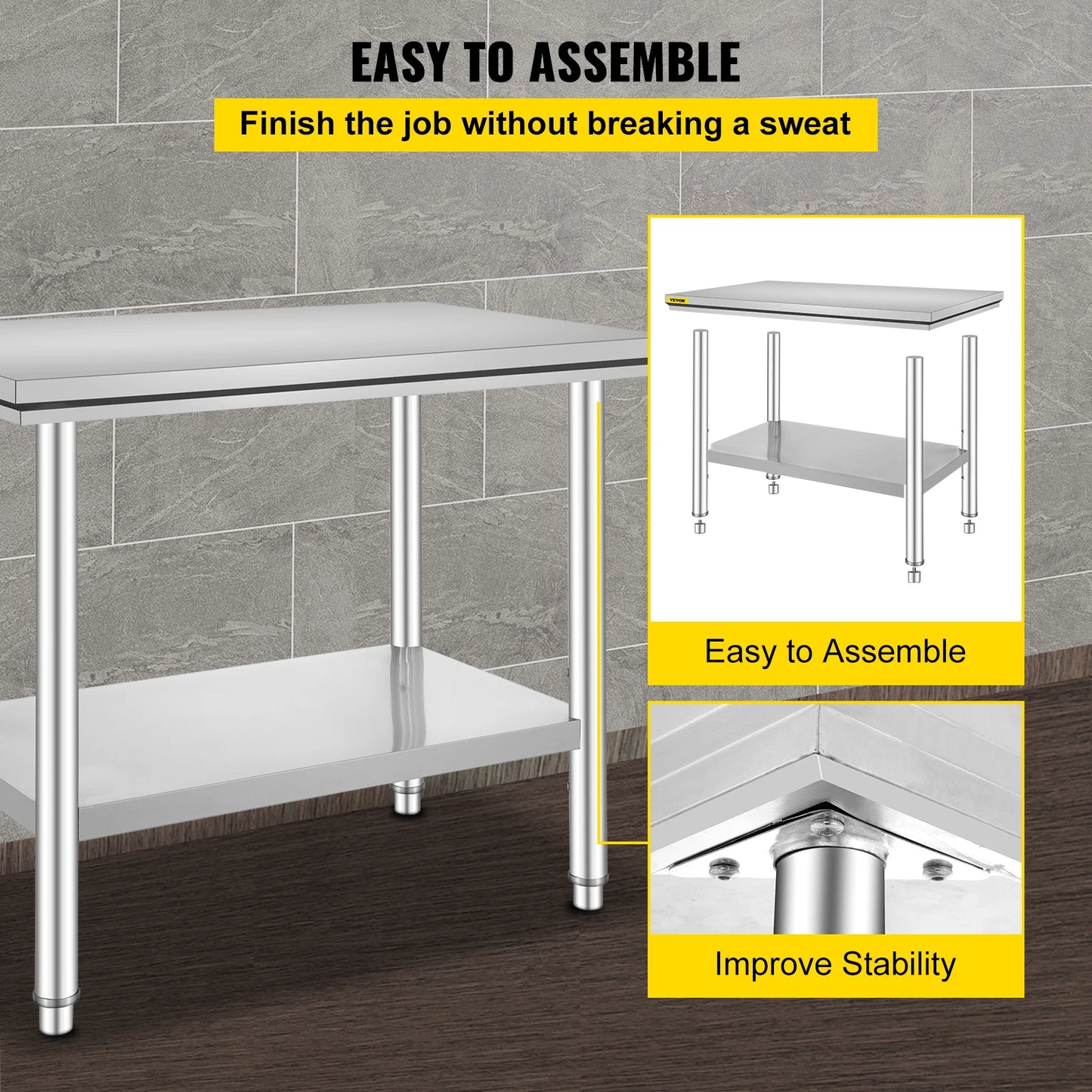 VEVOR Kitchen Work Bench Commercial Catering Worktable w/Undershelf Stainless Steel 330LBS 286LBS