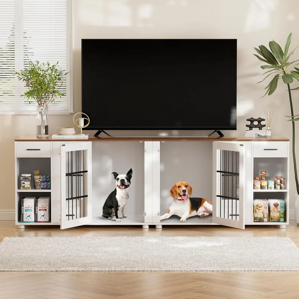 Large Wooden Dog House w/ Drawers & Heavy Duty Kennel Indoor with Room Divider and TV Stand Cabinet