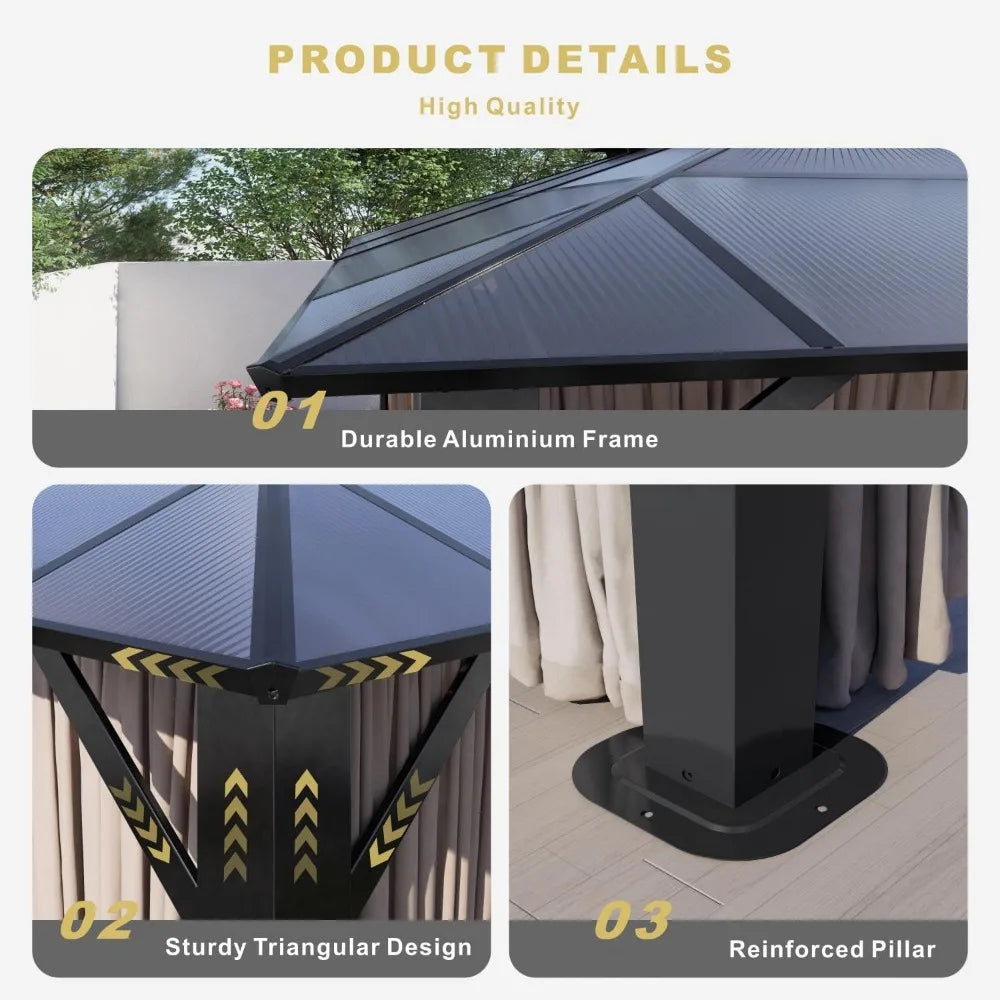 10’x12’ Hardtop Gazebo, Double Roof Patio Pergola with Polycarbonate Panels, Aluminum Frame