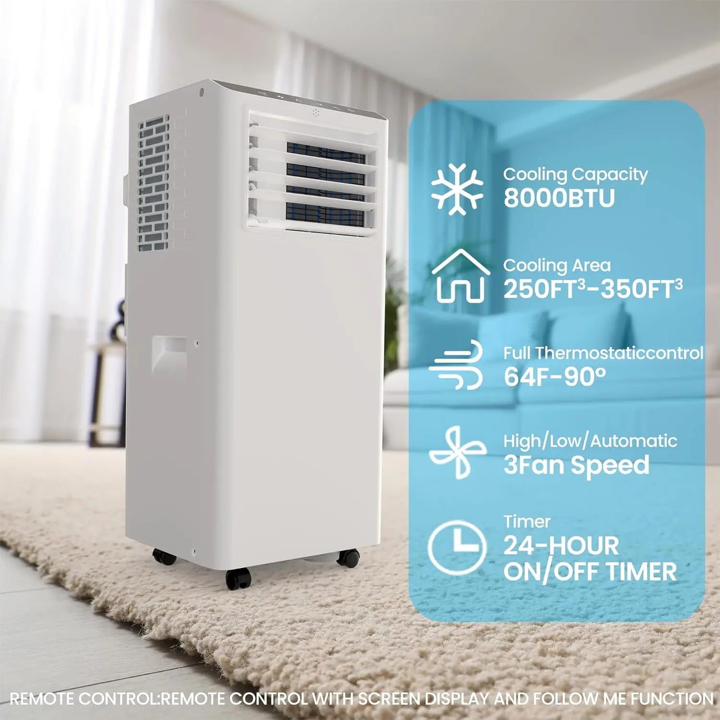 8500 BTU Portable Air Conditioner with LCD Display Remote Control,Cooling Up to 350 sq.ft.