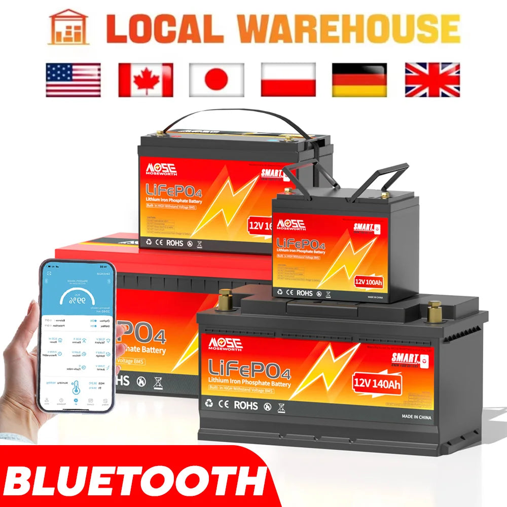12V 24V LiFePO4 Battery w/Bluetooth 100Ah 140Ah 168Ah Lithium Iron Phosphate Battery Rechargeable