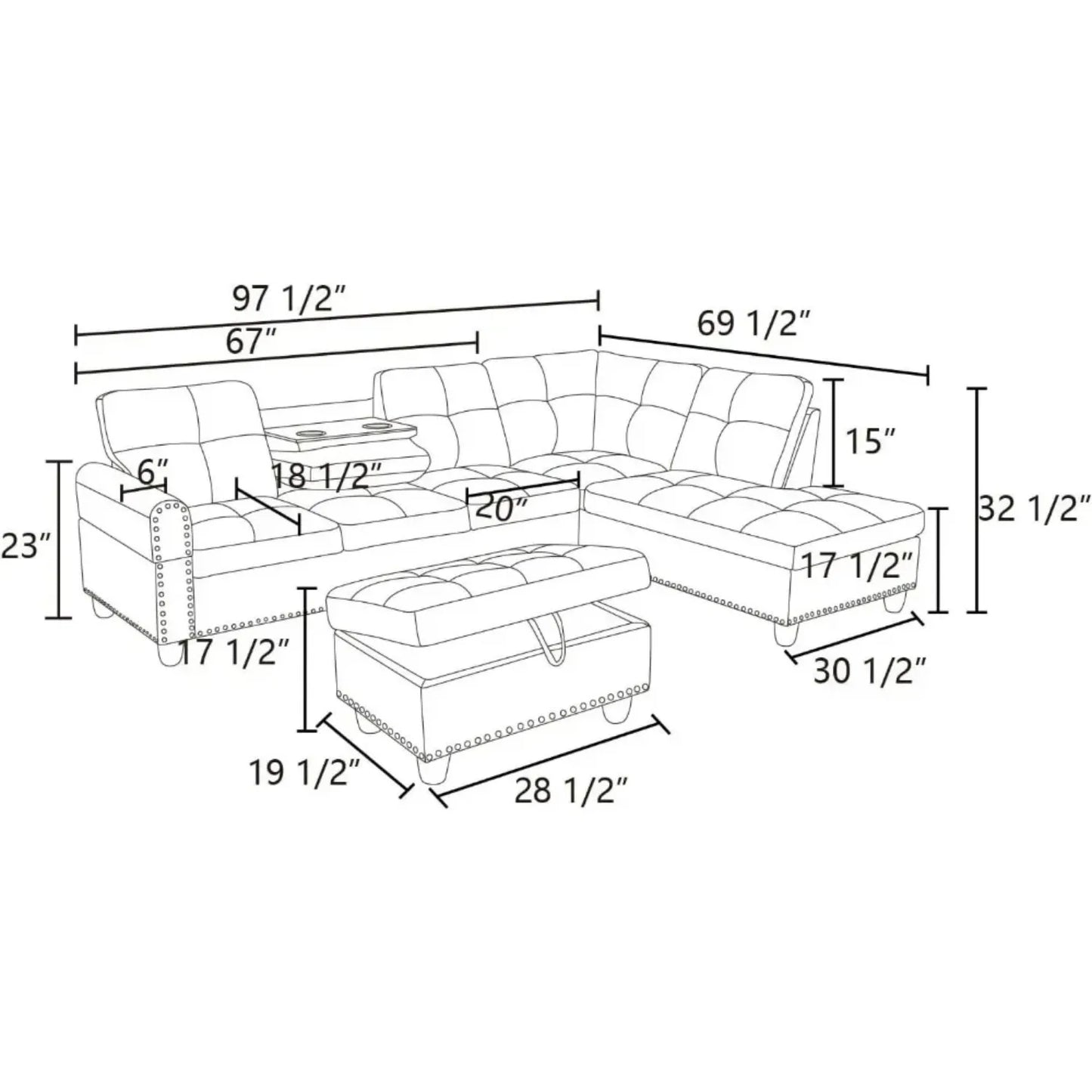 L Shaped Sectional Couch w/Ottoman, Nailhead Sofa w/Reversible Cup Holder & Chaise, Light Grey