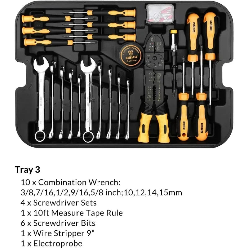 DEKOPRO 258 Piece Tool Kit w/ Rolling Tool Box Socket Wrench ,Mechanic Case Trolley Portable