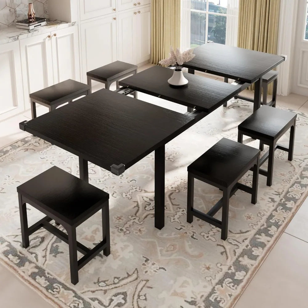 Mid-Century Dining Room Table 7-Piece with 6 Stools, 63" Large Extendable Kitchen Table Set for 4-8