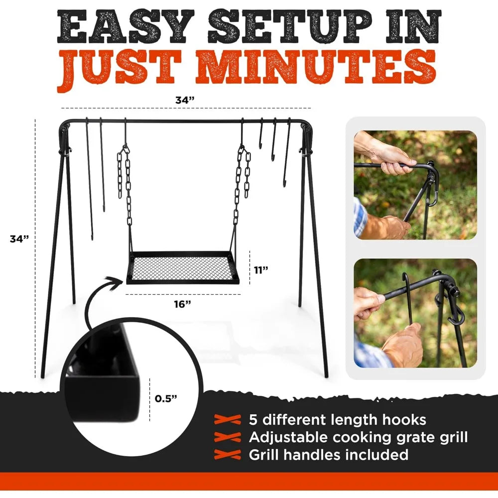 Grill Swing Campfire Cooking Stand for Cookware & Dutch Oven Adjustable Collapsible Legs & Hooks