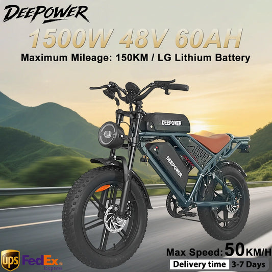 DEEPOWER QS7 Electric Bike 1500W 48V 60AH Adult Off-Road 20-inch Fat Tire Dual Battery Ebike