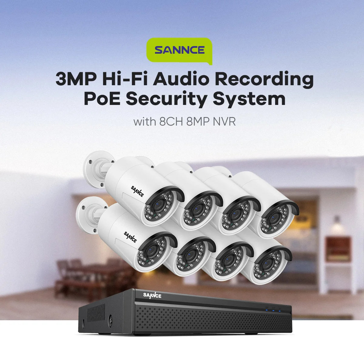 SANNCE 3MP POE Security  H.265+ Video NVR Recorder Smart IR Protection Cameras mic Night Vision