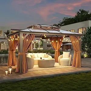 12'x10' Hardtop Gazebo, Aluminum Frame Permanent Pavilion with Curtains and Netting, Polycarbonate