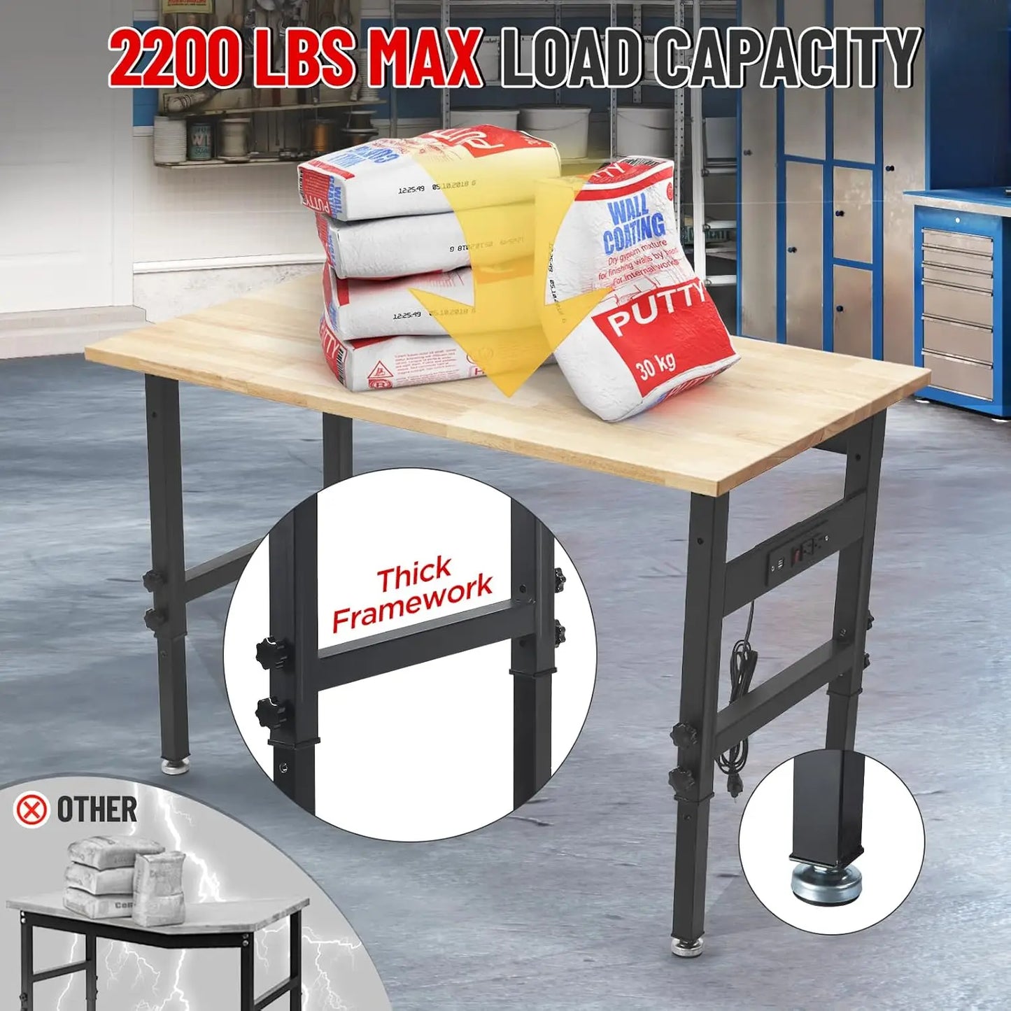 Work Bench Garage w/Power Outlets, 2200 Lbs Capacity Hardwood Top Workbench Table Heavy-Duty