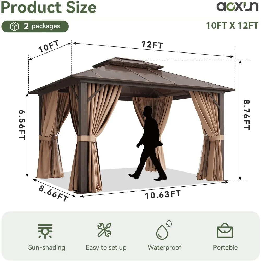 12'x10' Hardtop Gazebo, Aluminum Frame Permanent Pavilion with Curtains and Netting, Polycarbonate