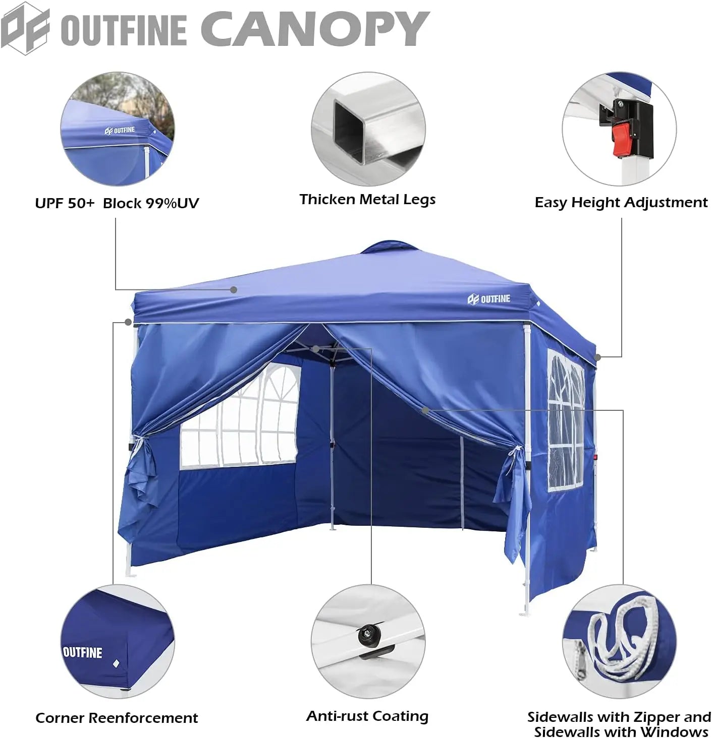 OUTFINE Patio Canopy 10'x10' Pop Up Commercial Instant Gazebo Tent, 4 Removable Sidewalls, Stakes x8